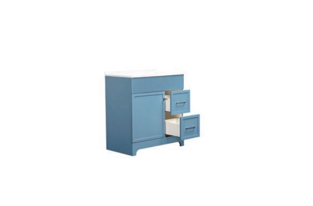Ruby 32 inch vanity matte blue side angle drawers and doors